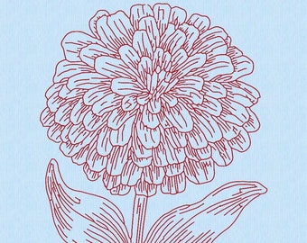 Maskinbroderidesign med röda Zinnia-blommor (digitala filer)