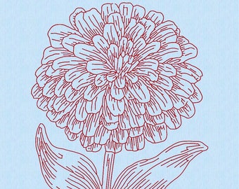 Flower 10 Zinnia Redwork Machine Embroidery Design in 10 sizes and 12 formats