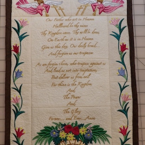 Lord&#39;s Prayer 11x16&quot; Embroidered Wall Hanging with Rod Sleeve/Pocket for Hanging, Beige/Brown