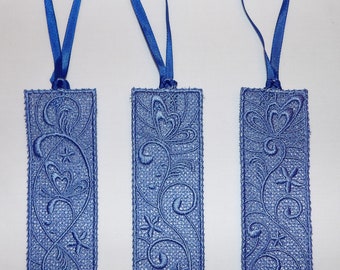 Set of 3 FSL Blue Bookmarks with Ribbon Machine Embroidered Lace A185