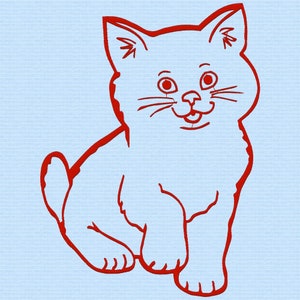 Könnte beinhalten: Eine rote Linienzeichnung einer Comic-Katze, die auf einem hellblauen Hintergrund sitzt. Die Katze hat ein breites Lächeln und große Augen.