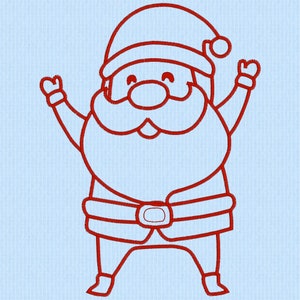 May include: A red line drawing of Father Christmas with a white beard and a red hat. He is smiling and has his arms raised.