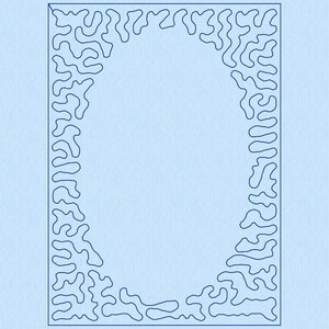 May include: A blue and white border with a wavy, organic design. The border is in the shape of a rectangle with a rounded oval in the center.