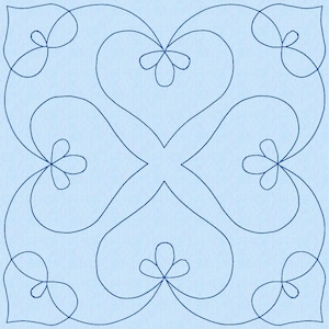 May include: A blue and white quilt block with a repeating pattern of stylized hearts and four-leaf clover designs.