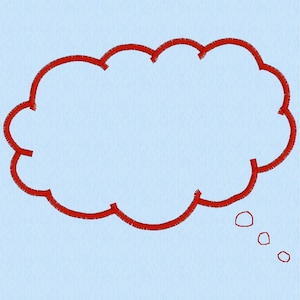 May include: A red thought bubble with a jagged edge and three smaller bubbles coming off the right side.