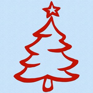 May include: A red Christmas tree outline with a five-pointed star on top against a light blue background.