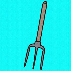 May include: A brown-handled garden tool with three metal tines. The tool is isolated against a blue background.