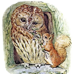 May include: A brown owl with large, round eyes is perched in a stone alcove. A small, red squirrel is standing on a rock in front of the owl, holding a green twig in its paws. The owl is looking at the squirrel, and the squirrel is looking at the owl.