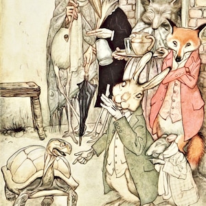 Peut inclure: Une illustration vintage représentant un groupe d'animaux anthropomorphes réunis autour d'une table pour prendre le thé. Les animaux comprennent un lapin, un renard, une tortue, un rat et une cigogne. L'illustration est de style fantaisiste avec des dessins détaillés des animaux et de leurs vêtements.