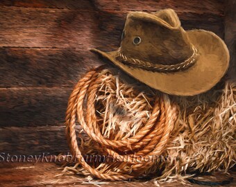Chapeau de cowboy et lasso ~ Rodeo, Haybale, Barn ~ Modèle de point de croix en couleur et en symboles BlkWht ~ Télécharger