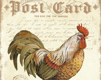 May include: Vintage postcard featuring a rooster illustration with a brown, white, and red color scheme. The postcard has a brown and white checkered border and a stamp from Newark, New Jersey, dated July 12, 1906. The text "Post Card" is written in a decorative font at the top of the postcard.