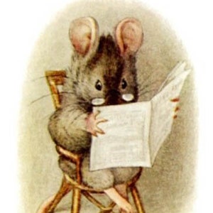May include: A brown mouse wearing a pair of glasses sits in a wooden chair and reads a newspaper. The mouse's tail is curled around the chair.