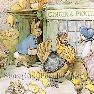 May include: A colourful illustration of a rabbit, a hen, and a duck in front of a shop called "Ginger & Pickles". The rabbit is wearing a blue jacket and holding a basket. The hen is wearing a blue and white dress and has a red comb. The duck is wearing a blue hat and has a yellow beak. There are also several yellow chicks in the image.
