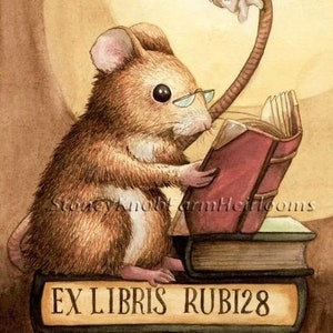 May include: A brown mouse wearing glasses sits on a stack of books and reads a book by candlelight. The candle is held by a curled tail. The bottom book has the text "Ex Libris Rubi28" on the front.