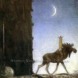Peut inclure: Peinture artistique d'un élan avec une structure en forme de couronne sur le dos, marchant dans une forêt. Le ciel bleu présente un croissant de lune. Un grand arbre est visible à gauche. Le texte "StoneyKroehFarmHeirlooms" est présent.