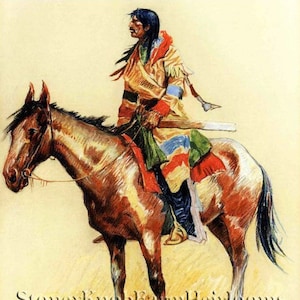 May include: A Native American man in traditional clothing rides a brown horse. He wears a yellow, green, blue, and red patterned shirt and a feathered headdress. The horse has a white stripe down its back and a long black tail.