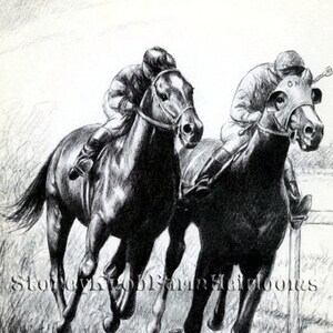 May include: A black and white drawing of two horses racing. The horses are in mid-stride, with their jockeys leaning forward. The drawing is done in a realistic style, with attention to detail in the horses' musculature and the jockeys' clothing.