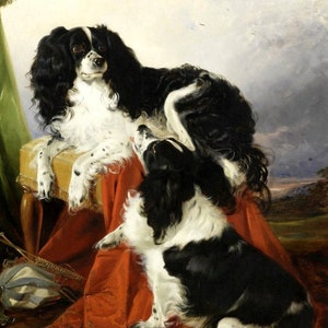 Two King Charles Spaniels ~ Vintage Dogs, Puppies ~ 2 DIY Cross Stitch Pattern One in Color and One in BlkWht Symbols ~ Digital Download