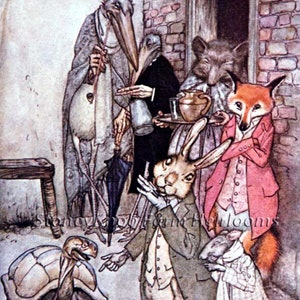 May include: A vintage illustration of a group of anthropomorphic animals gathered together. The animals include a stork, a rabbit, a fox, a mouse, a turtle, and a badger. The animals are dressed in clothing and appear to be having a conversation.