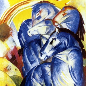 May include: Abstract painting of three blue horses with white markings, set against a yellow background with a rainbow arch. The horses are depicted in a dynamic, overlapping composition.