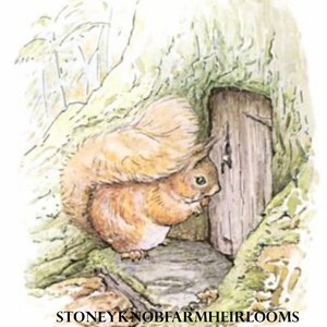 May include: A watercolor illustration of a red squirrel peeking out from behind a tree trunk with a small wooden door. The squirrel has a bushy tail and is looking to the right. The background is a light green and brown.