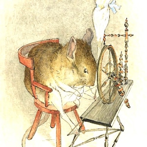 May include: A brown mouse sits in a red wooden chair, spinning a wooden spinning wheel. The mouse is wearing a white dress and has its paws on the spinning wheel. The spinning wheel is on a wooden stand with a white cloth draped over it. The text "Stoney Knob Farm Heirlooms" is printed at the bottom of the image.