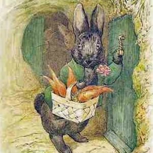 May include: A black rabbit with a basket of carrots in its paws, standing in front of a green door with a keyhole. The rabbit is wearing a green jacket and has a white collar. The rabbit is looking at the door.