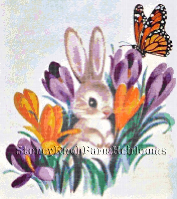 Digital Download Easter Chick Pulling Flower Cart ~ Vintage ~ 2 DIY Counted Cross Stitch Patterns One in Color One in BlkWht