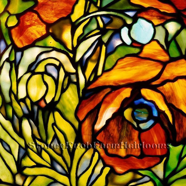 Vallmo ~ Louis Tiffany, Blommor ~ DIY 2 Korsstygnsmönster i färg och med svartvita symboler ~ Digital nedladdning