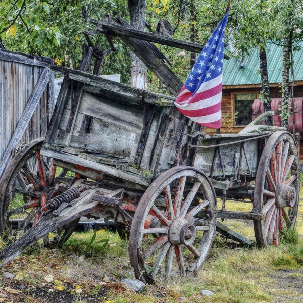 Old Rustic Wooden Wagon U.S. Flag Old Barn & Cabin ~ DIY 2 Cross Stitch Patterns Color and BlackWhite Symbols ~ Download