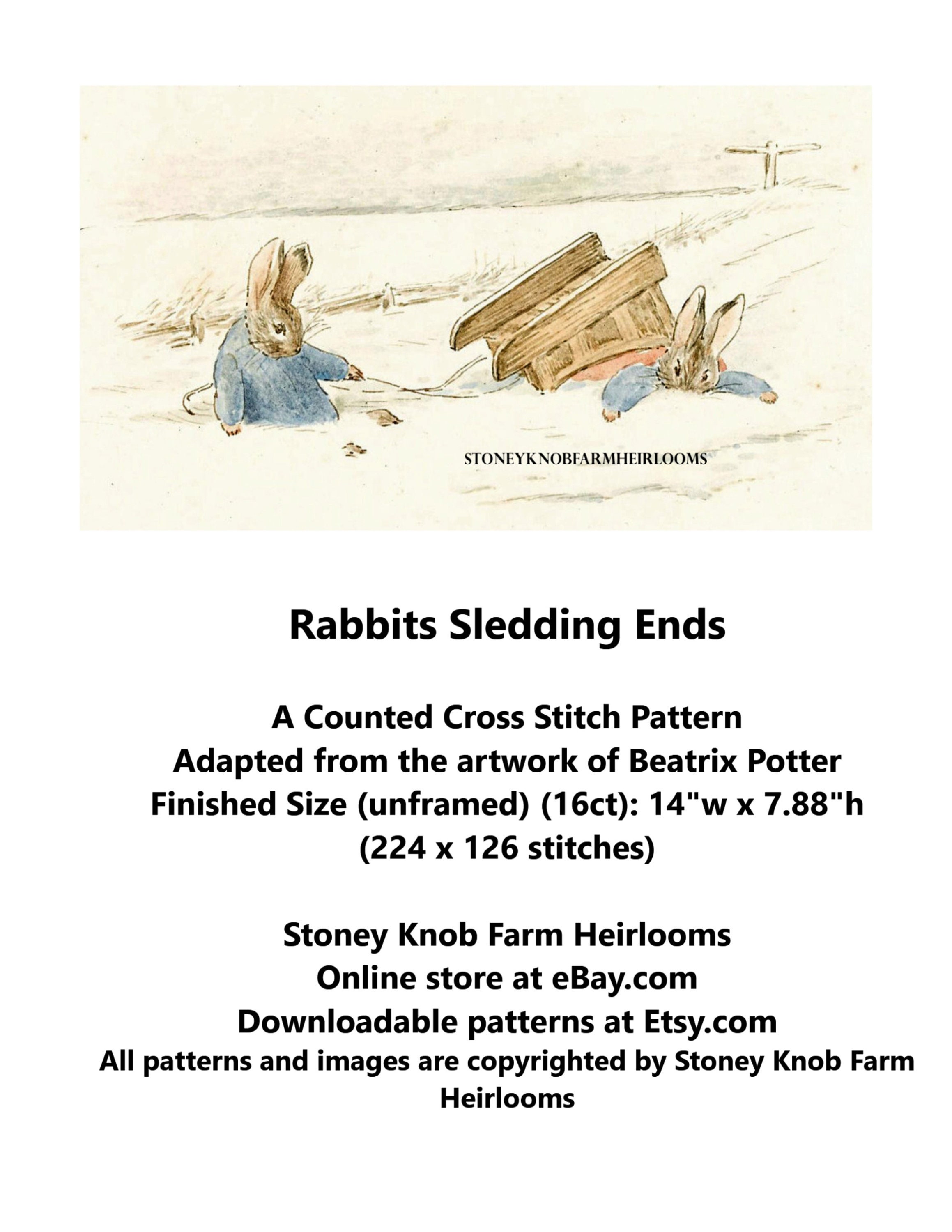Rabbits Sledding Ends ~ Beatrix Potter, Winter ~ DIY 2 Cross Stitch ...