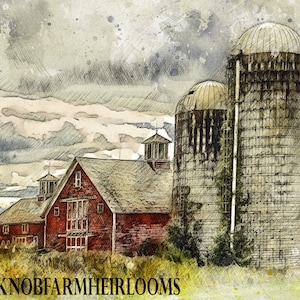 Puede incluir: Una pintura de acuarela de un granero rojo con dos silos grandes. El granero tiene un techo blanco y una pequeña cúpula en la parte superior. Los silos son de madera y tienen un techo de metal. La pintura está ambientada en un fondo de cielo nublado.