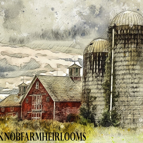 Barn and Silos ~ Farm Landscape ~ DIY 2 Cross Stitch Patterns ~ Color and BlackWhite Symbols ~ PDF Download