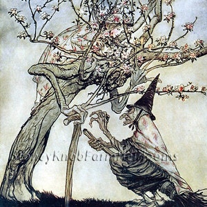 Twee zussen ~ Heks & Boom ~ Arthur Rackham ~ Sprookjes ~ DIY Cross Stitch Patroon in kleur en in zwart-witte symbolen ~ Instant Download
