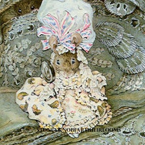 May include: A small mouse wearing a white bonnet with red, white, and blue ribbon trim and a white dress with floral details. The mouse is holding a magnifying glass and is sitting on a green and brown patterned surface.