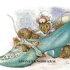 May include: A group of mice are crowded inside a teal blue shoe. The shoe has a white lace design and a small heel. The mice are brown and have pink noses. The shoe is sitting on a white background. The text "Stoneyknob Farm" is printed on the bottom of the shoe.