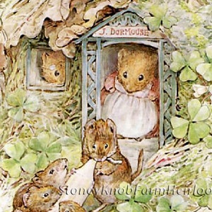 May include: A watercolor illustration of a group of mice. The mice are brown and gray and have long tails. They are standing in front of a small house with the words "J. Dormouse" on the sign. The house is surrounded by green leaves and flowers.