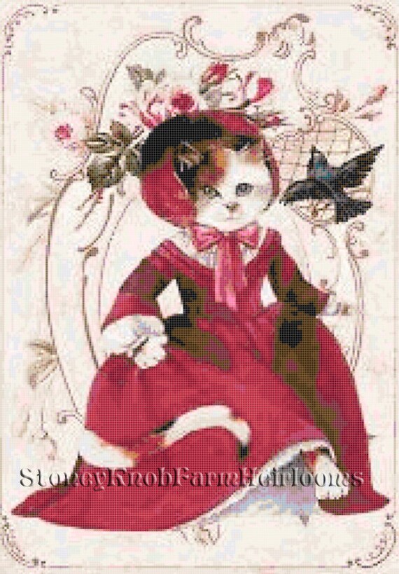 Scarlett ~ Cats in Formal Wear ~ DIY 2 Cross Stitch Patterns ~ One in Color  and one in BlackWhite Symbols ~ Digital Download