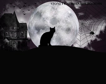 Halloween Night ~ Cat, Moon, Bats, Spiders ~ DIY Cross Stitch Pattern ~ PDF Download