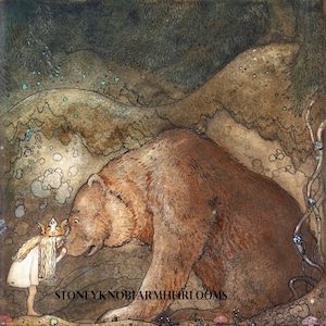 May include: A watercolor illustration of a young girl wearing a crown, standing in a forest with a large brown bear. The girl is looking at the bear, and the bear is looking at the girl. The background is a dark green forest with a light brown hill in the distance.