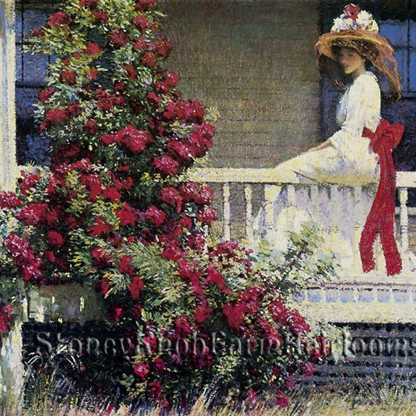 The Crimson Rambler ~ Roses, Victorian Lady on Porch ~ DIY 2 Cross Stitch Patterns Color and BlackWhite Symbols ~ Download