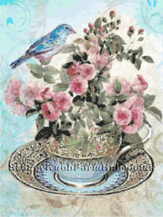 Cross Stitch Pattern in Color and BlkWht Symbols Blossoms Bluebirds and Butterfly ~ Spring Birds Instant Download