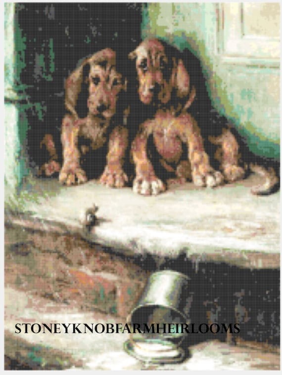 Bloodhound Puppies ~ Dogs ~ DIY 2 Cross Stitch Patterns ~ Color