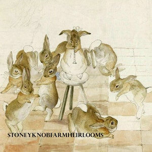 May include: Watercolor illustration of several brown and white rabbits in a whimsical scene. One rabbit sits on a stool playing a clarinet, surrounded by other rabbits in various poses. The text "STONEYKNOBFARMHEIRLOOMS" is at the bottom.