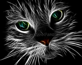 May include: Close-up of a cat's face with white fur and green eyes. The cat's eyes are highlighted with a rainbow effect.