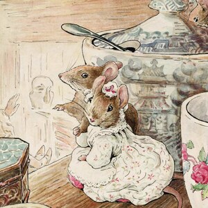 May include: Two mice wearing floral dresses are sitting on a table with a blue and white porcelain teapot and a spoon. The mice are looking at something off to the left of the image. The table is covered in a brown tablecloth. The text "Stoneyknob Farm Heirlooms" is at the bottom of the image.
