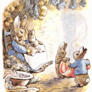 May include: A cross-stitch pattern featuring Peter Rabbit and his family. Peter is sitting in a rocking chair with two other rabbits, while two more rabbits stand in the foreground. The background is a light blue sky with white clouds.