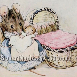 May include: A mother mouse rocking in a chair, holding a baby mouse in a white dress. The baby mouse is in a pink and white basket with a wicker base.
