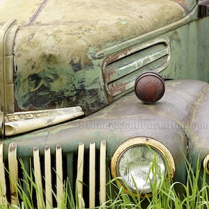 Pode incluir: Um caminh&atilde;o Ford verde vintage com uma grade cromada e uma capota enferrujada. O caminh&atilde;o est&aacute; parcialmente coberto de grama verde.