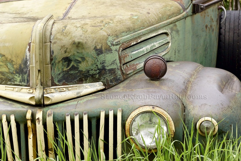 Pode incluir: Um caminh&atilde;o Ford verde vintage com uma grade cromada e uma capota enferrujada. O caminh&atilde;o est&aacute; parcialmente coberto de grama verde.